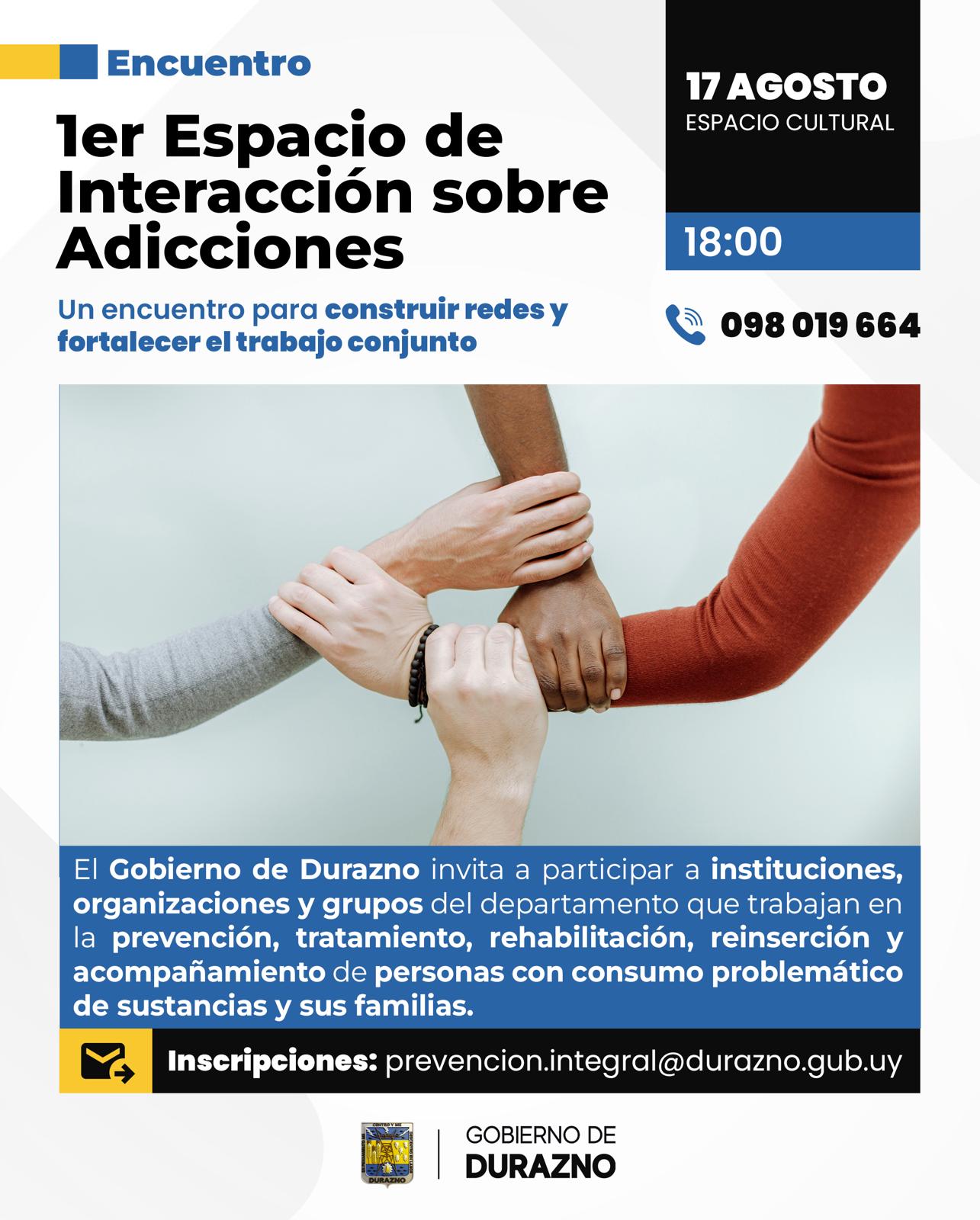 Instituciones del departamento se reunirán en el 1.er Espacio de Interacción sobre Adicciones